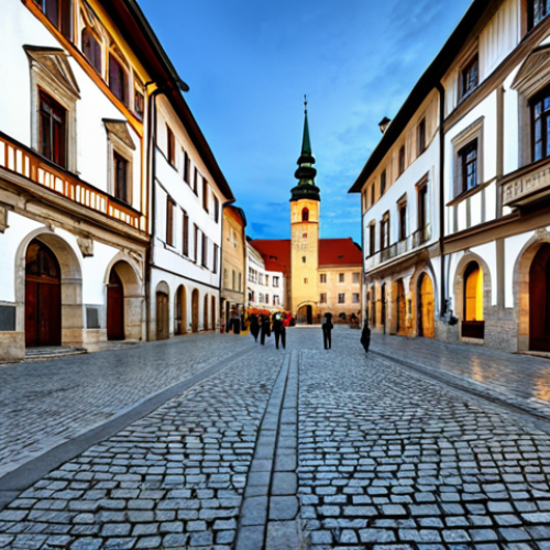 A captivating wide-angle shot of Námestie Majstra Pavla, Levoča's central square, at sunrise. Golden light illuminates the richly detailed facades of the historic merchant houses and the grand Old Town Hall. Cobblestone streets are visible, with a few subtly placed, fully clothed individuals strolling leisurely in the distance. The scene exudes the timeless charm of a UNESCO World Heritage site, showcasing well-preserved medieval architecture. Professional photography, high dynamic range, incredible detail, serene ambiance, safe for work, appropriate content, fully clothed, modest, family-friendly, perfect anatomy, correct proportions, natural pose, well-formed hands, proper finger count.