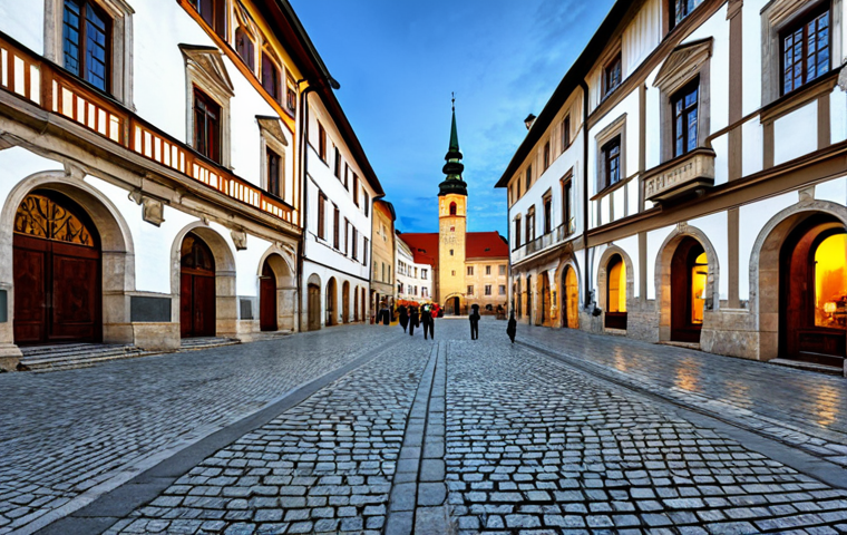 A captivating wide-angle shot of Námestie Majstra Pavla, Levoča's central square, at sunrise. Golden light illuminates the richly detailed facades of the historic merchant houses and the grand Old Town Hall. Cobblestone streets are visible, with a few subtly placed, fully clothed individuals strolling leisurely in the distance. The scene exudes the timeless charm of a UNESCO World Heritage site, showcasing well-preserved medieval architecture. Professional photography, high dynamic range, incredible detail, serene ambiance, safe for work, appropriate content, fully clothed, modest, family-friendly, perfect anatomy, correct proportions, natural pose, well-formed hands, proper finger count.